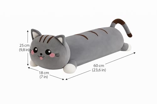 Image of Cute Long Cat Plush Pillow for Kids | Soft Huggable Sleeping Body Pillow | Grey Cartoon Cat Stuffed Toy for Girls & Boys | Decorative Bed & Sofa Cushion (60 cm) (Grey)