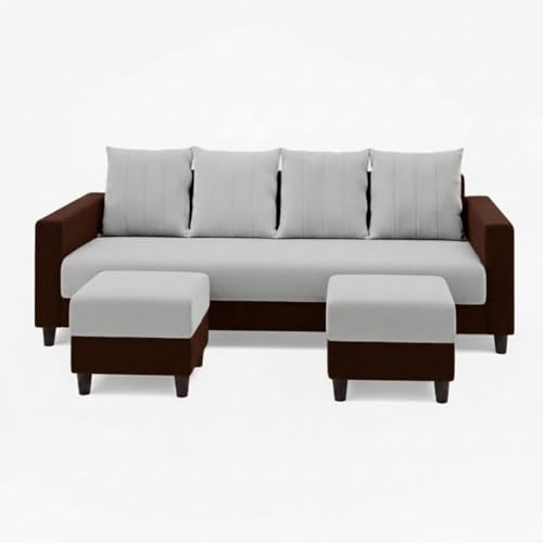 Image of STRIKON Plush 6 Seater L Shape Sofa Set with 2 Movable Ottoman | Flexible Layout |Silken Velvet Suede | Designer Sofa for Living Rooms & Office Spaces (Light Grey & Dark Brown)