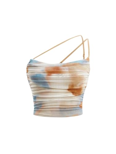 Verdusa Women's Sleeveless Tie Dye One Shoulder Ruched Side Draped Cami Crop Top