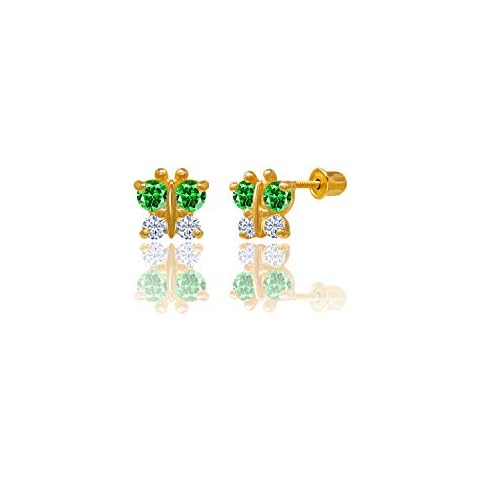 14kt Solid Gold Butterfly Stud Screwback Earrings - Emerald Green Cover