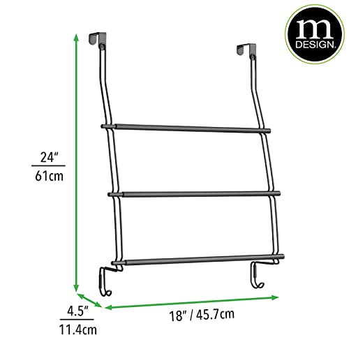 Mdesign Expandable Metal Over Shower Door Towel Rack For Bathroom - 3-Tier Organizer With 2 Large Hooks - Holder For Hand/Bath Towels, Washcloths, Loofahs, Sponges - Trinity Collection - Matte Black #TOP3