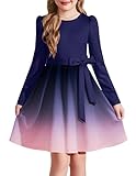 Arshiner Long Sleeve Dresses High Waist A Line Knee Length Casual Dress Gradient Color Party Dress for Girls