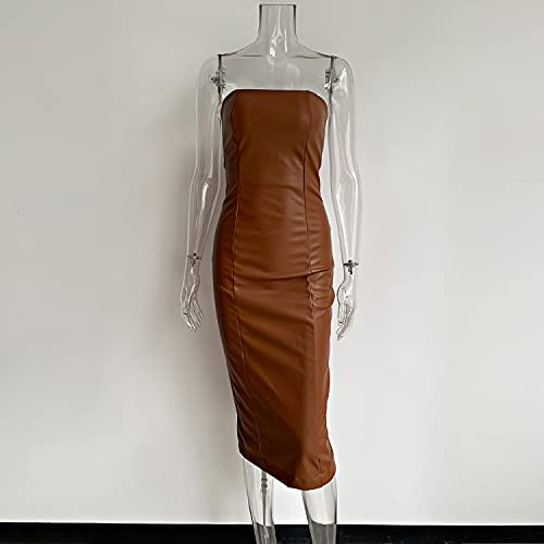 Xllais Women Strapless Tube Leather Midi Dress Sexy Long Bodycon Party Dress Brown Medium #TOP4