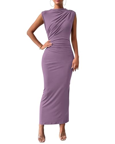 BTFBM Women Ruched Bodycon Maxi Dresses Summer Casual Sleeveless Lightweight Slit Elegant Cocktail Wedding Guest Dress(Purple, Large)