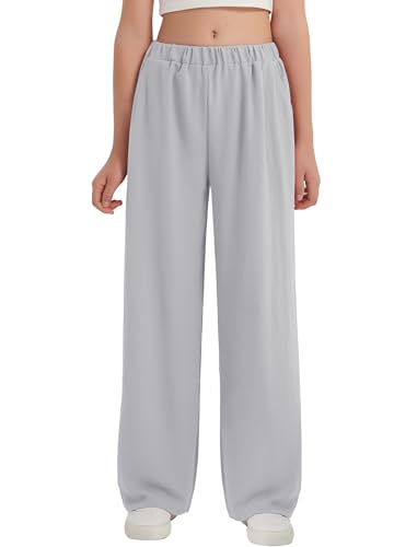 Image of EXARUS 3 Pack Girls Summer Pants Wide Leg Linen Flowy Teen Casual Loose | Tween Beach Vacation Trousers with Pockets Elastic High Wasited Straight Fit Bottoms Youth Junior Kids Back to School 6-12Y