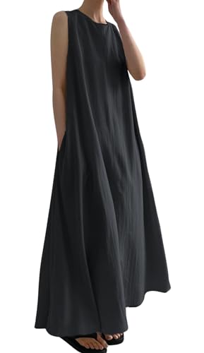 CHARTOU Women Casual Cotton Linen Sleeveless Maxi Dress Ruffle Shift