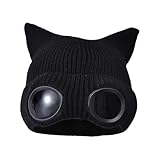 MINAKOLIFE Womens Pilot Aviator Cap with Cat Ears and Goggles, Warm Animal Ears Knit Cap Black