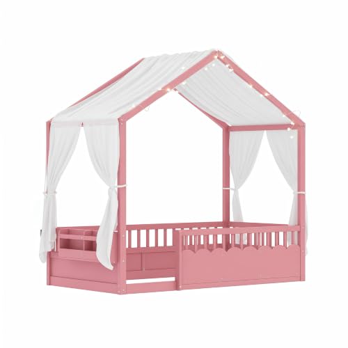 Image of Bellemave Twin House BedFrame with Canopy, Montessori House Bed with LED and Bookshelf and Rails for Kids, Pink