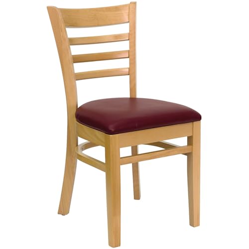 Image of Flash Furniture 2 Pk. HERCULES Series Ladder Back Natural Wood Restaurant Chair - Burgundy Vinyl Seat