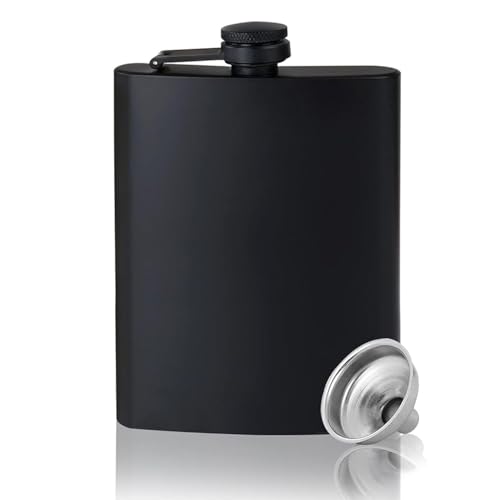 Image of Hip Flask 8oz, Flasks for Men with Funnel, Whisky Alcohol Black Mat 304 Stainless Steel 100% Waterproof, Portable Pocket Personalised Groomsmen Gifts Bar Party Drinking