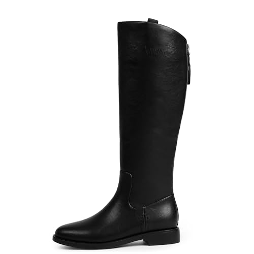 Modatope Knee High Boots Women Rounded Toe Flat Retro Bais Opening Low Chunky Heel Riding Boots2