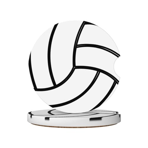 Volleyball White Car Coasters for Cup Holder, 2 Pack Absorbent Ceramic Car Coaster with Finger Notch & Cork Base