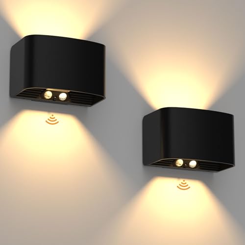 T-SUN Lámpara de Pared con Sensor de Movimiento y Control Remoto, Recargable Aplique pared Interior/Exterior, 2 Piezas Negro Lamparas pared Sin Cable, Aplique de Pared Arriba y Abajo, Brillo Ajustable