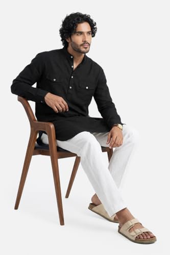 Image of SNITCH Men Casual Kurta Shirt | Regular Fit Full Sleeve Mandarin Collar Solid Pattern | Premium Cotton Linen Blend & Breathable Fabric for Festive Season & Holiday Wear
