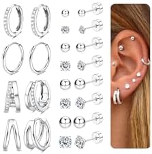 CASSIECA 12 Paar Ohrringe Gold Silber Set, 316L Chirurgenstahl Ohrringe für Damen Herren Medizinische Ohrstecker und Creolen für Mehrfachpiercing 14K Vergoldet Helix Tragus Piercin