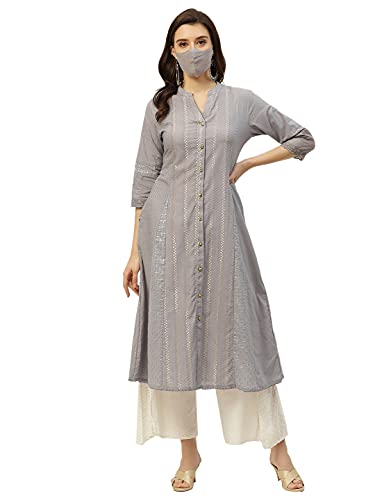 Image of Juniper Grey Solid Cotton Dobby A-Line Kurta with Buttons for Women