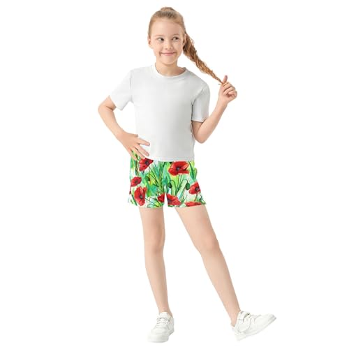 Girls Athletic Lounge Shorts Red Poppy Flower Print Youth Casual Summer Activewear Soft Comfy Pajama Shorts, X-Small2