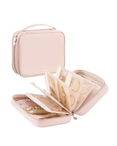 Lolalet Travel Jewelry Notebook Organizer Case Large Jewelry Binder Book with Individual Pouches Portable Leather Zippered Bag for Storage of Earring Ring & Necklace Gift for Women -Apricotpink
