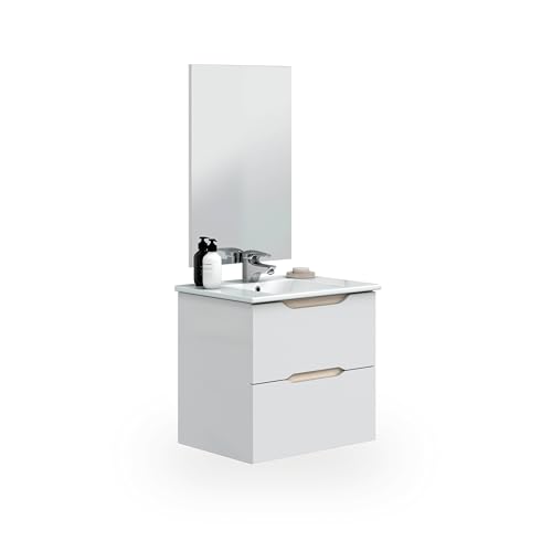 duehome | Mueble de Baño Suspendido con 2 Cajones y Espejo, Modulo Colgante, Modelo Nexa, Acabado en Blanco Brillo y Roble, Medidas: 60 cm (Ancho) x 57 cm (Alto) x 45 cm (Fondo)
