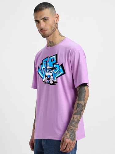 Image of Veirdo Pure Cotton Half Sleeve Round Neck Oversized Fit Graphic Print Royal Blue, Lilac & White T-Shirt Men /Boys (Available in from S to 2XL)