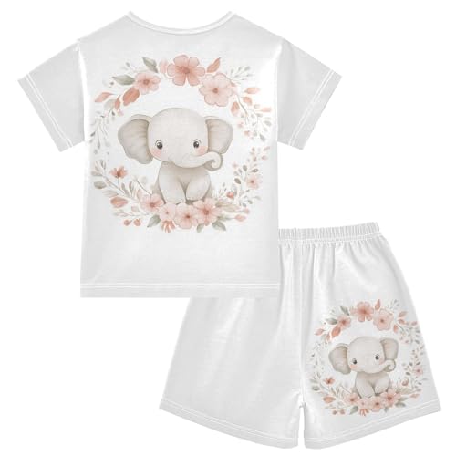Floral Elephant Portrait Blush Pajama Set Short Sleeve Pajamas Shorts Sets Cotton Soft Loungewear Sleepwear 5Y2