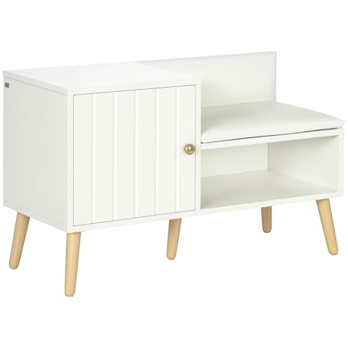 HOMCOM Banc de Rangement Banc à Chaussures Style Art avec Placard Niche Banquette Assise Dossier en polyuréthane Bois de pin 80 x 33 x 49 cm Blanc