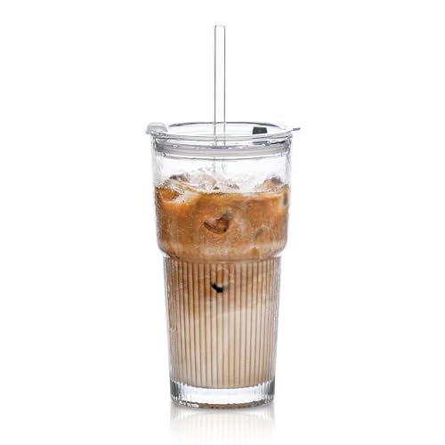 SoulTimes 20oz Glass Tumblers with Lids and Straws, Set of 1 - Stylish Ribbed Design Drinking Glasses for Iced Coffee Cups, Juice, Smoothies, Cold Beverages, Includes Cleaning Brush, Durable Glassware