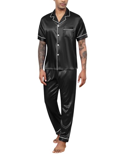 Mens Silk Satin Pajamas Set Piece Classic Pjs Sets Short Sleeve