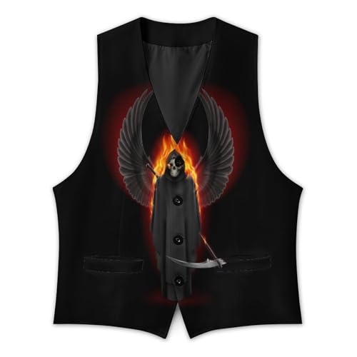 Grim Reaper with Wings Up in Flame Men's Suit Vest Slim Fit V-Ncek Waistcoat Business Casual Vest3