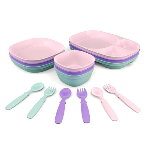 Kid’s Dinnerware Set - 15 Pieces - 3 Place Settings - Tough Tableware for Toddlers - Made in the USA - Dishwasher and Microwave Safe - BPA Free and Shatter Resistant (Pastel)