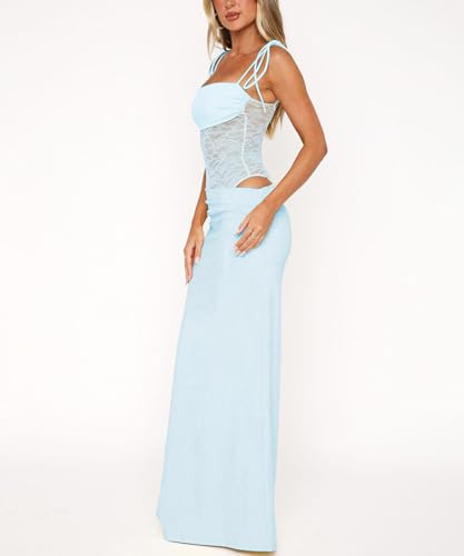 Image of Women Sexy Lace Patchwork Maxi Dress Spaghetti Straps Y2K Sheer Long Bodycon Club Cocktail Long Dresses