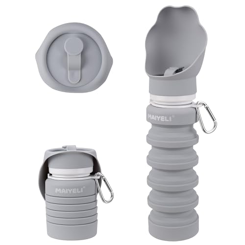 Dog Water Bottle Collapsible & Portable Squeeze, 9oz-17oz Water Dispenser & Folding Bowl,5 Levels Capacity in 1,Carabiner Clip,100% Food-Grade Silicone, Outdoor Walking,Hiking,Travel