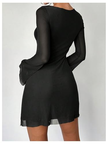 Image of GORGLITTER Women's Bell Long Sleeve Mini Dress Y2k Fall 2025 Mesh Boat Neck Going Out Club Bodycon Short Dress