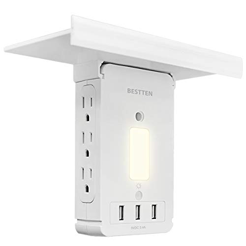 BESTTEN 1020 Joule Surge Protector USB Wall Outlet with Shelf and LED Night Light, 3 USB Charging Ports (5V/3.4A), 6 Side Outlet, Removable Top Shelf, FCC and SGS Certified
