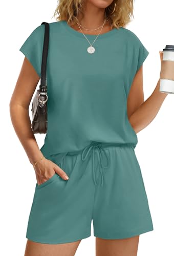 Image of WIHOLL Two Piece Sets for Women Summer Crew Neck Lounge Short Sets Cap Sleeve Drawstring Sweatsuit with Pocket