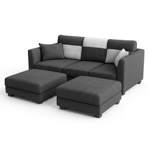 Image of SOCOZI Evanto 5 Seater L Shape Sofa Set with 2 Movable Ottomans | Flexible Layout| Soft Velvet Suede Fabric|Modern Sofa | Plush Comfort Cushions for Living Room (Dark Gray-Light Gray)