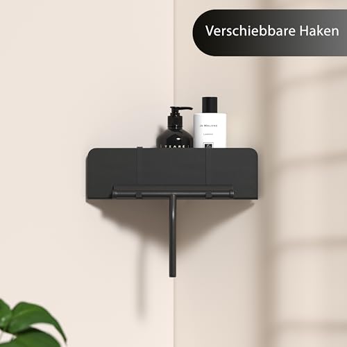 Dolvhin Duschablage ohne Bohren Ecke | Edelstahl Eckregal Dusche | Duschregal Ecke mit Ablaufrillen | Eck-Duschkorb zum Kleben | Badregal Selbstklebend | Bad Wandregal & 2 Haken | Schwarz Matt