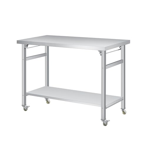 Stainless Steel Folding Table (48x24 in), Commercial Work Table w/Lockable Casters & Undershelf, for Home, Kitchen, Restaurant, Garage, Camping, Outdoor, 920LBS Load, Foldable Double-Tier Workstation
