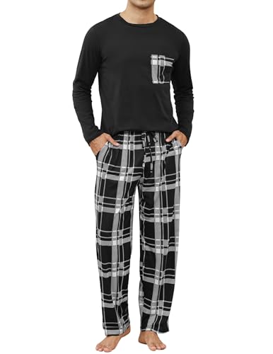 TeJoyce Schlafanzug Herren Lang Baumwolle Winter, Zweiteiliger Pyjama Männer, Set Langarm Oberteile mit Brusttasche und Kariert Hose mit Taschen, Weich und Bequeme Nachtwäsche (Schwarz, XL)