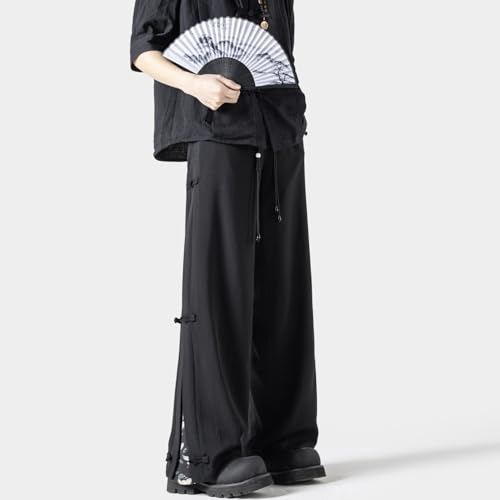 Seidarise Men's Chinese - Style Black Wide Leg Pants Knot Details Patterned Side Slits Ideal for Cultural Casual Looks4