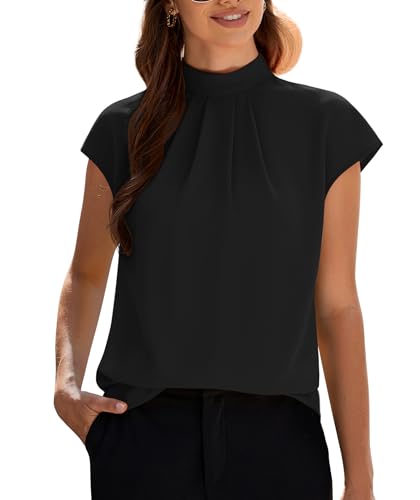 Image of Funlingo Womens Summer Tops Mock Neck Short Cap Sleeve Blouses Business Casual Work Chiffon Shirts Front Pleated Tunic Top