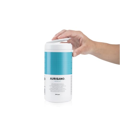 AURISANO Hörgeräte Reinigungstücher 100 Stk - Spenderbox mit Reinigungstücher Hörgeräte - Entfernt Ohrenschmalz und Verschmutzungen - 100% Biologisch Abbaubare Feuchttücher - Zertifiziert und Sicher