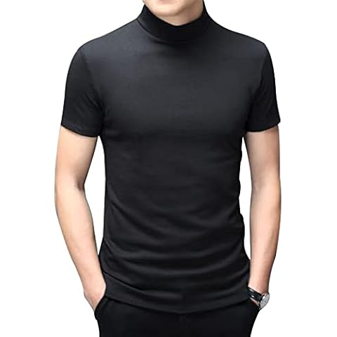 Mens Short Sleeve Basic Tops Mock Turtleneck Casual Pullover T-Shirt Slim Fit Solid Undershirt Black Cover