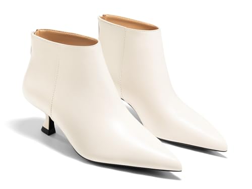 Coutgo Womens Kitten Low Heel Booties Pointed Toe Short Ankle Boots Back Zipper Fall Shoes, Cream White, Size 8