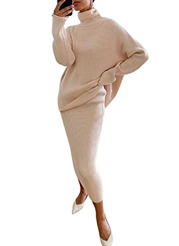 Image of chouyatou Women's Chunky 2 Piece Outfits Turtleneck Knit Sweater and Maxi Bodycon Skirt Sets