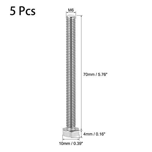 Image of 5 Pcs M6 Hex Bolt M6-1 x 70mm UNC Hex Head Screw Bolts A2-70(304) Stainless Steel Fully Threaded Hex Tap Bolts,Plain Finish,Fully Threaded (M6 x 70mm)