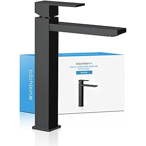 Bächlein High Tap for Bathroom [Angular - Matt Black] - Extra High Tap with 215mm Spout Height for Countertop Washbasin, Washbasin Tap High Spout Cover