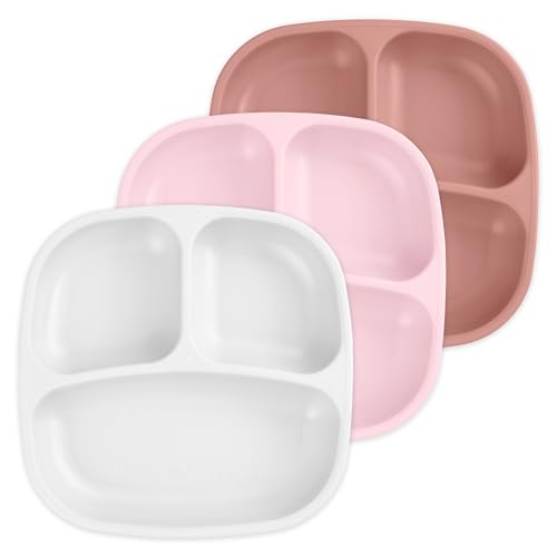 Image of Re-Play Toddler Plates with Dividers - Deep-Walled 3 Compartments Divided Plates for Kids - Dishwasher & Microwave Safe - Made in USA - Set of 3-7.37" x 7.37" x 1.25" - Blossom