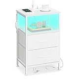 SONGMICS BELLAH Collection - Bedside Table with Charging Station, Side End Table with APP-Controlled Adjustable LED Lights, 1 Open Shelf and 2 Drawers, Bedroom, Cloud White and Snow White LGS302WH02