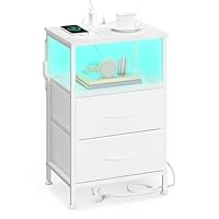 SONGMICS BELLAH Collection - Bedside Table with Charging Station, Side End Table with APP-Controlled Adjustable LED Lights, 1 Open Shelf and 2 Drawers, Bedroom, Cloud White and Snow White LGS302WH02